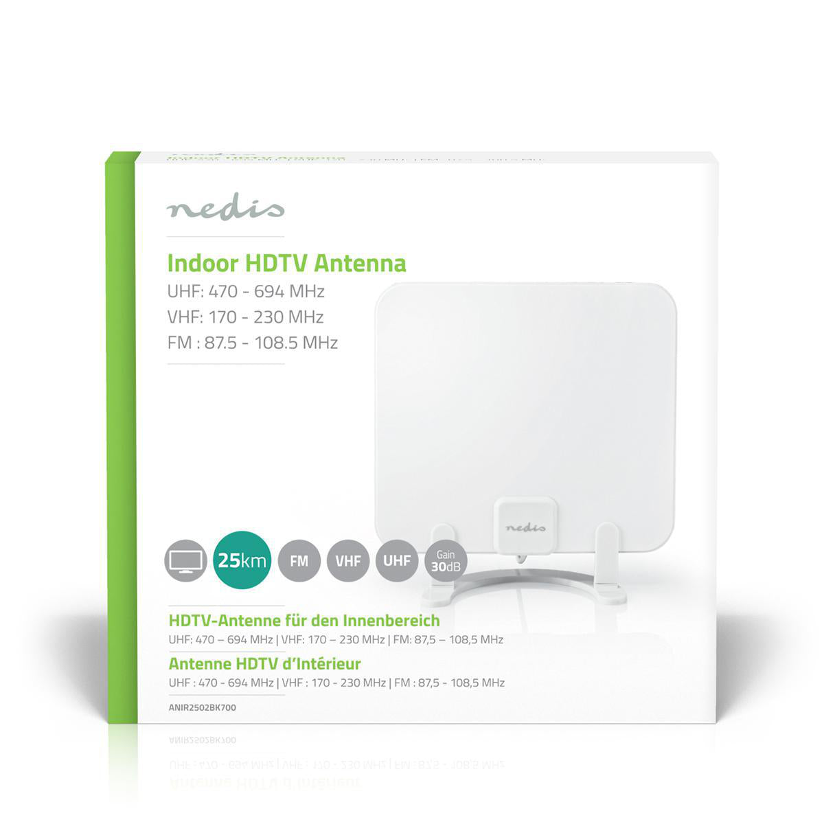 Indendørs DVB-T2/FM/DAP antenne - 30dB forstærkning, Hvid