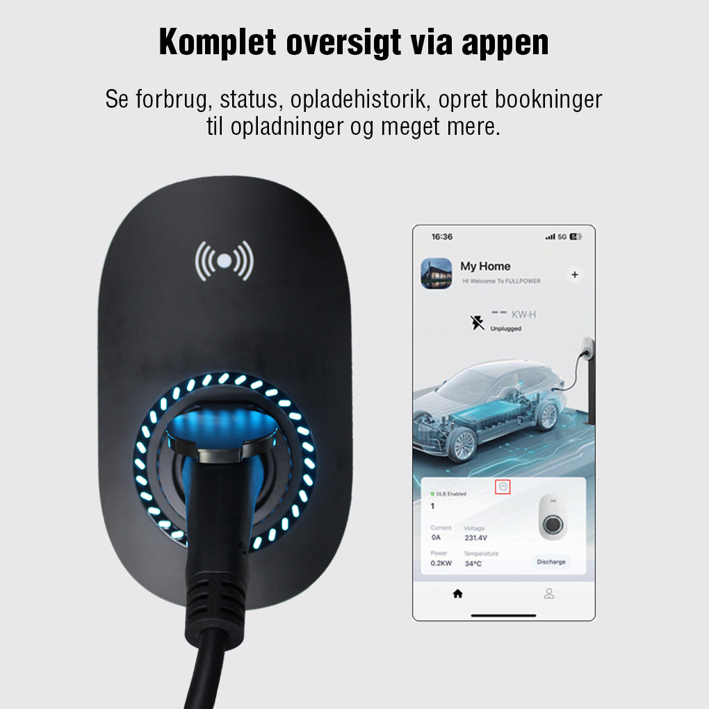 Fullwatt Wallbox EV Lader, 11kW Type 2, Wi-Fi/BT, Hvid