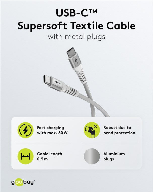 USB-C til USB-C Supersoft PD Tekstilkabel, 3A, Hvid (3m)