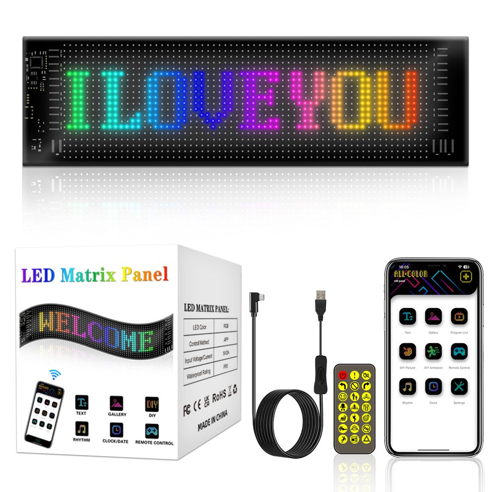 Pixel matrix panel 32x128 med Bluetooth og 5V USB-tilslutning til lyskunst og kreative projekter
