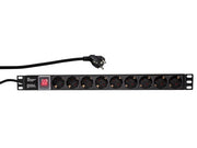 19" El-rackpanel - 9 x CEE7/3 hun, ON/OFF kontakt, Sort (2m)