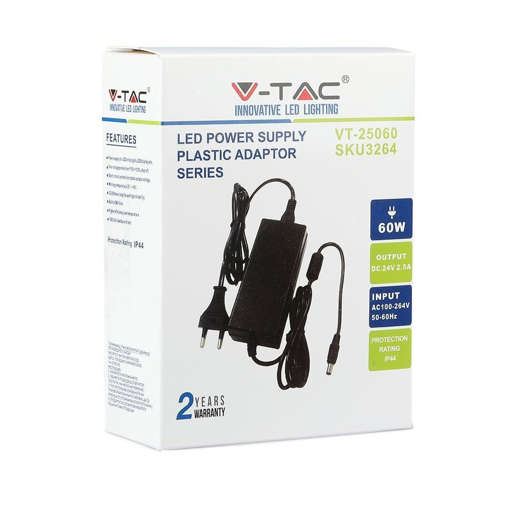 V-Tac 60W Strømforsyning til LED Strips - 24V DC, 2,5A, IP44 Vådrum