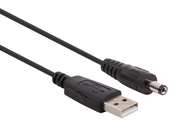 USB strømkabel - USB A han til 5,5x2,1mm DC han, Sort (0,8m)