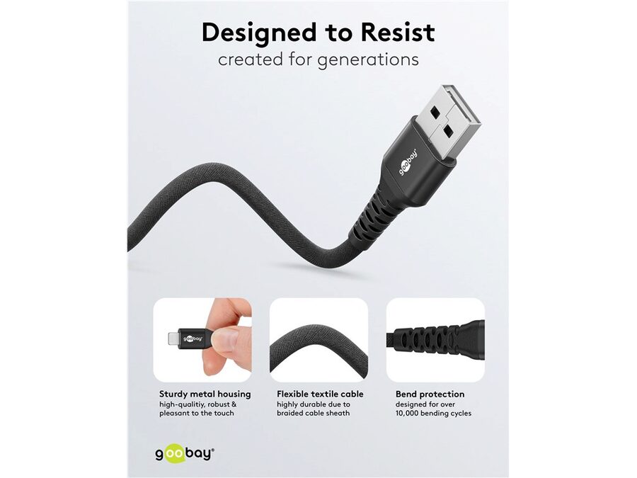 USB-A til Lightning Supersoft PD Tekstilkabel, 3A, Sort (3m)