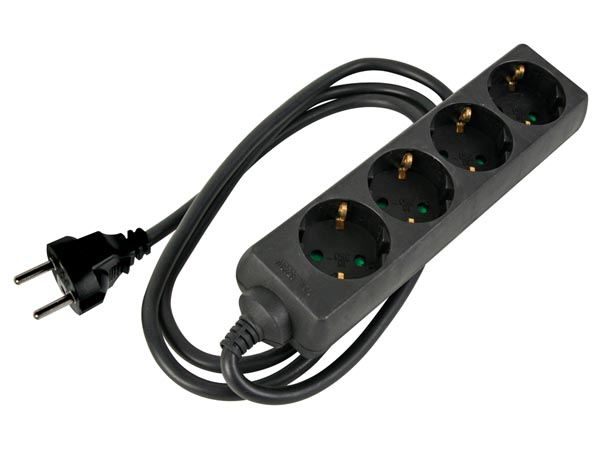 Stikdåse - 4 x CEE7/3 hun, m. krympeflex, Sort (1,5m)