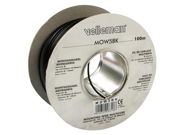 Monteringsledning - 0,5mm² trådet fortinnet CU, Sort (100m)