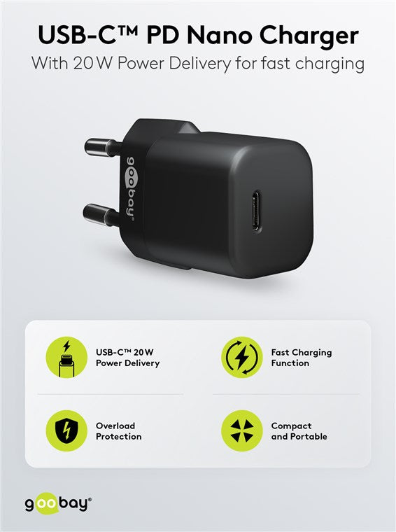 USB-C lynlader PD GaN Nano (20W), sort