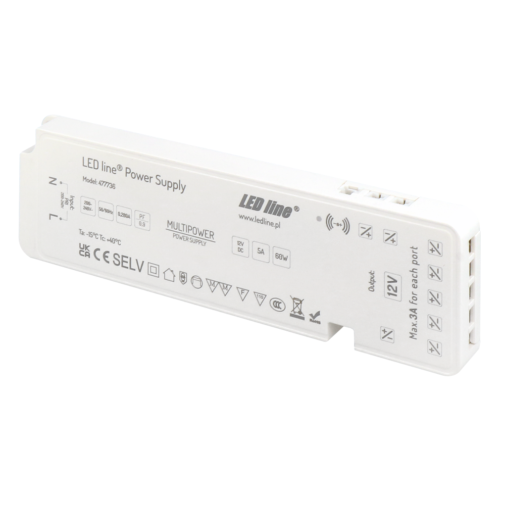 Outlet: 60W strømforsyning 12V, 5A med dæmpar til 5 strips og sensor