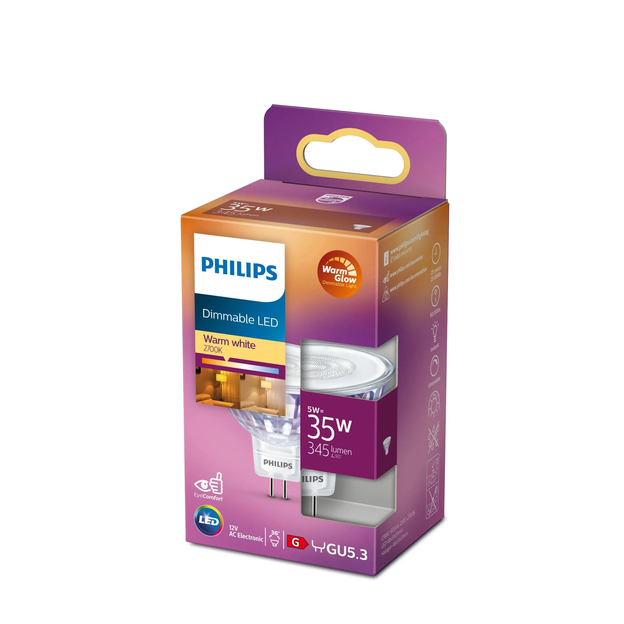 PHILIPS LED 5W (35W) GU5,3 2700K 400lm 36°
