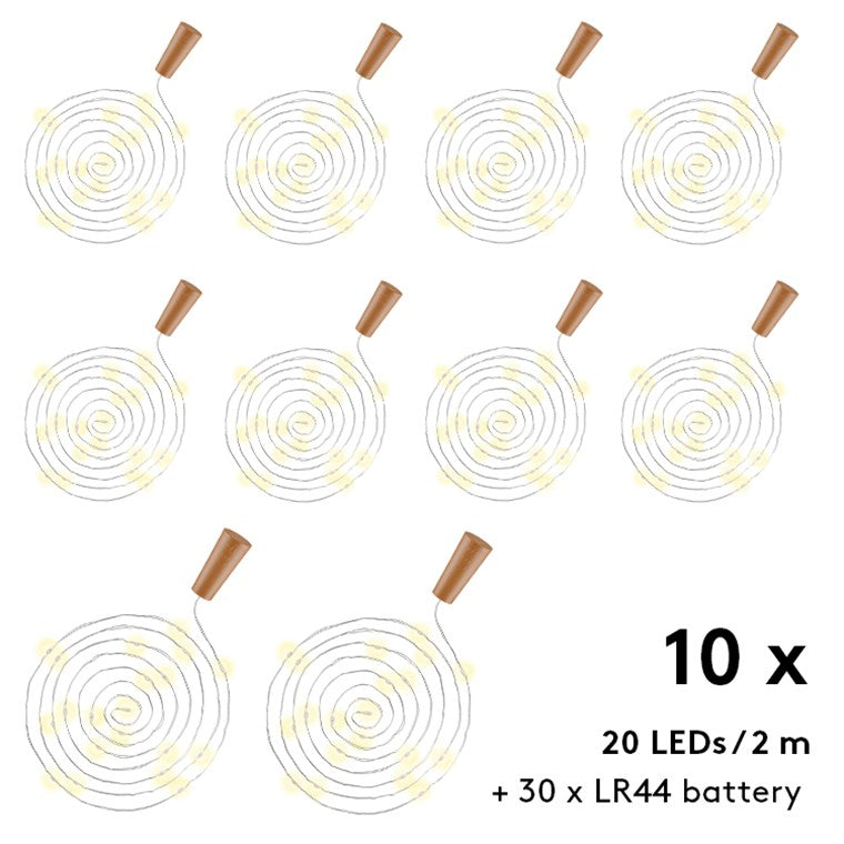 LED lyskæde med prop til flasker - 20 LEDs, 2m (10 stk.)