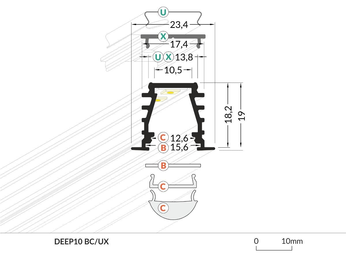 DIOFLEX Hvid alu profil DEEP10 C/UX 2m 23,4x19mm