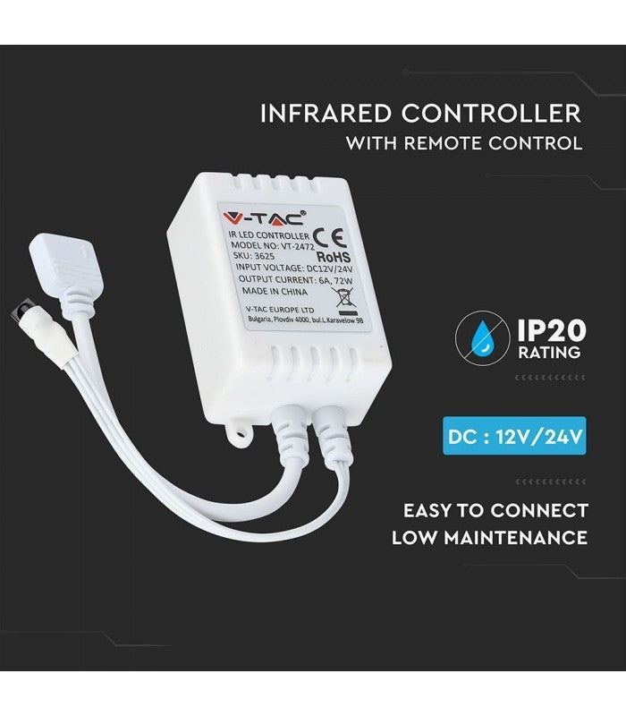 RGB kontroller med fjernbetjening - memory funktion, infrarød, 12V (72W), 24V (144W)