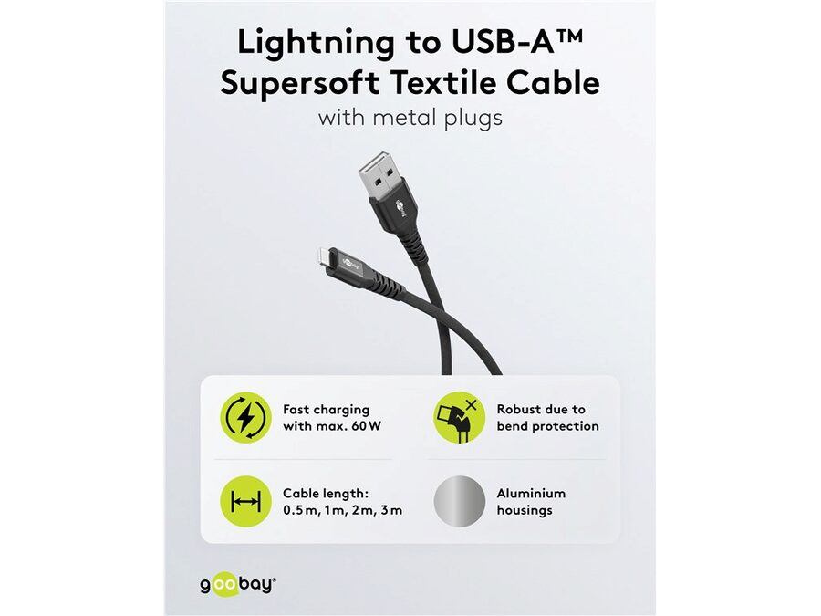 USB-A til Lightning Supersoft PD Tekstilkabel, 3A, Sort (3m)