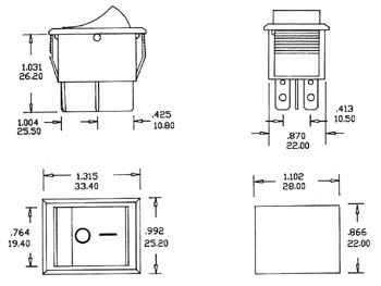 Vippekontakt - 2P OFF-ON, 250V/15A, RØD lys 31x22.3mm