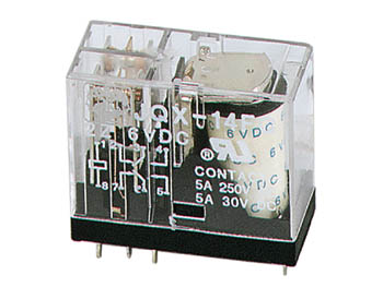 Vertikalt relæ - 6VDC / 5A, 2 x skifte (DPDT), 8-ben 5mm