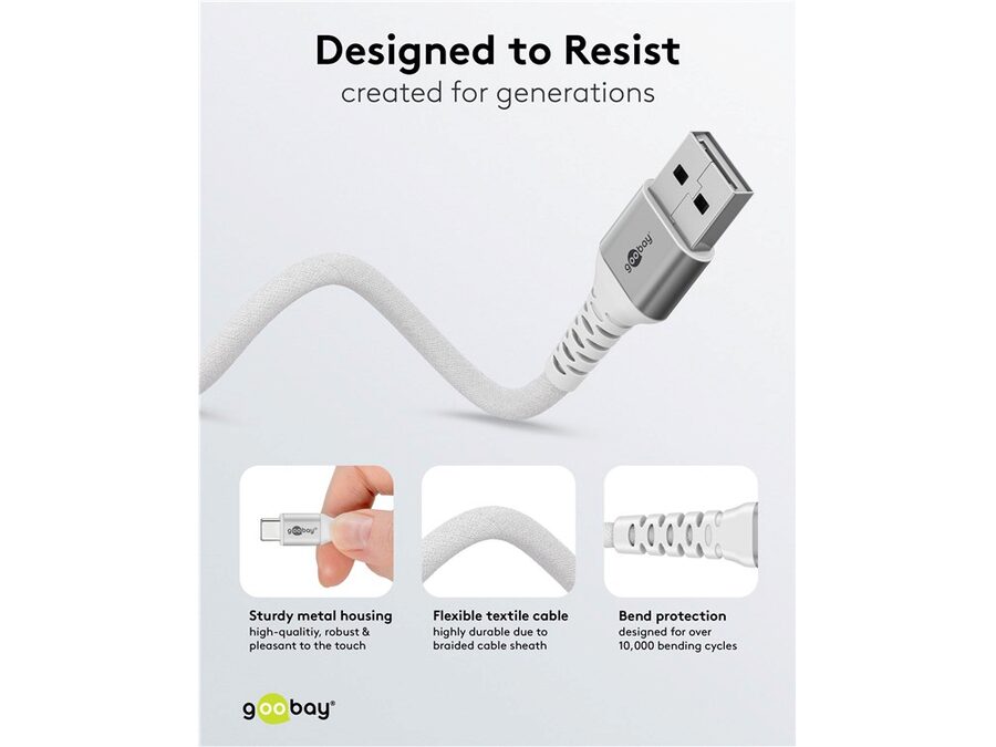 USB-A til USB-C Supersoft PD Tekstilkabel, 3A, Hvid (3m)