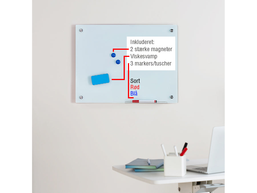 Magnetisk glas whiteboard - vægmont., rammeløs (60 x 45cm)