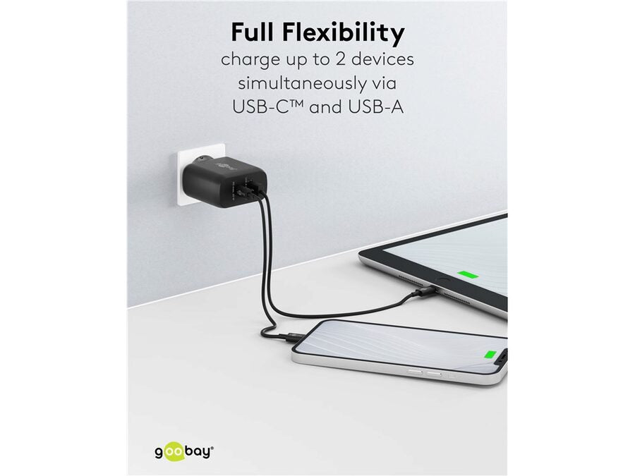 USB-C/A lynlader PD GaN (C65W) + (A12W), Sort