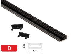 Alu. LED profil - Type D, Anodiseret sort (2,02m)