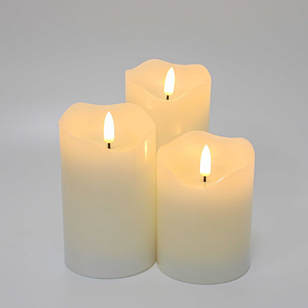 LED Bloklys med flammeeffekt, hvid, 10/12,5/15cm, fjernbetjening, timer, ægte stearin