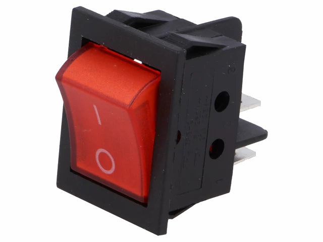 Vippekontakt - 2P OFF-ON, 250V/15A, RØD lys 31x22.3mm