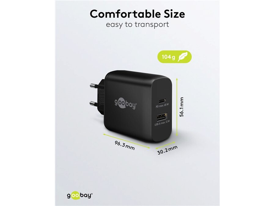 USB-C/A lynlader PD GaN (C65W) + (A12W), Sort