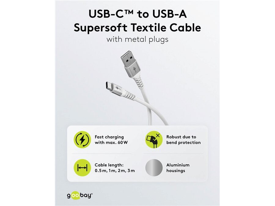 USB-A til USB-C Supersoft PD Tekstilkabel, 3A, Hvid (0,5m)
