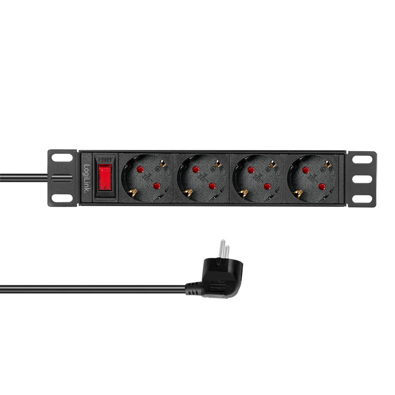 10" Stikdåse til rack - 4 x CEE7/3, med kontakt, Sort (2m)