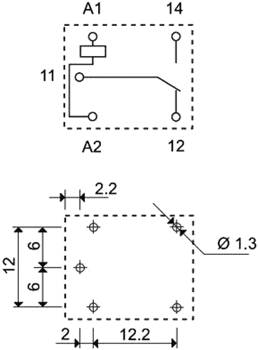 Miniature relæ - 9VDC / 10A, 1 x skifte (SPDT), 5-ben 2mm