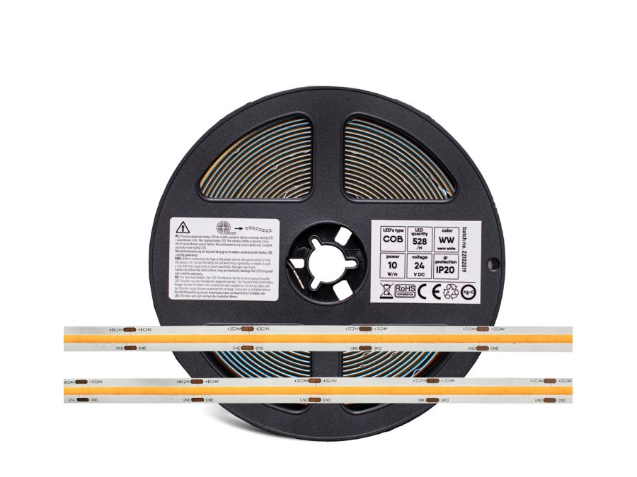 COB LED strip (IP20) - 24V, 10mm, Varm Hvid (3000K) (5m)