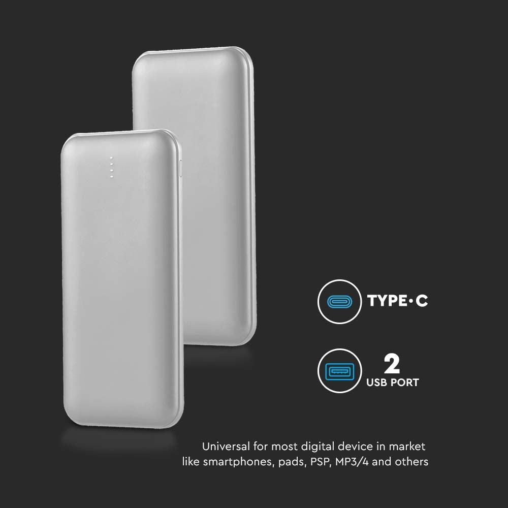 10.000mAh Powerbank med 2A output, inkl. 30 cm sølvfarvet Type C kabel