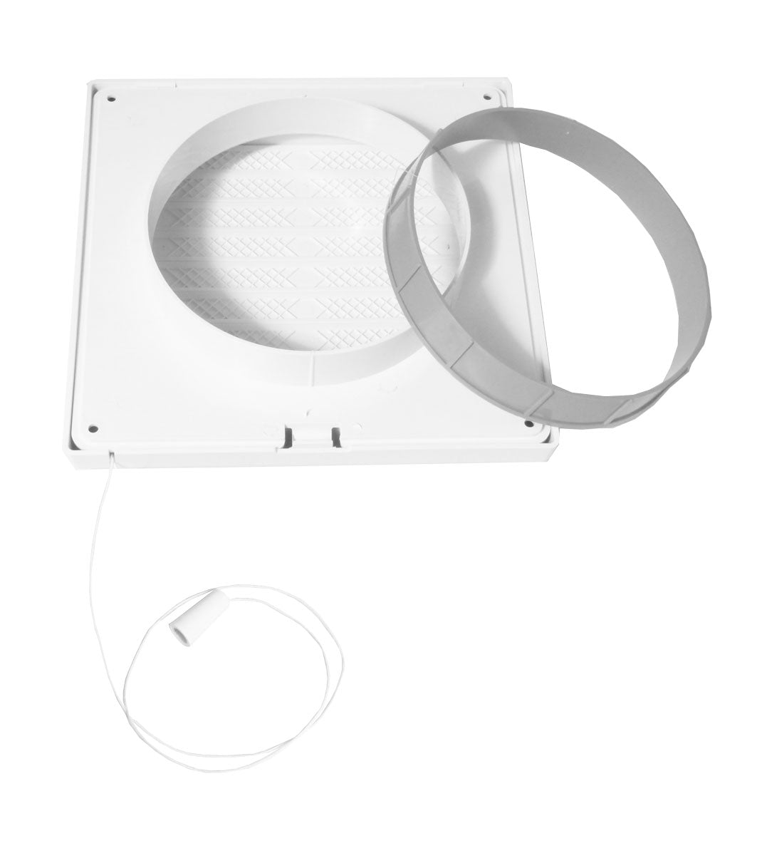 Ventilationsrist m. lukkespjæld - Træksnor, 140x140, Hvid