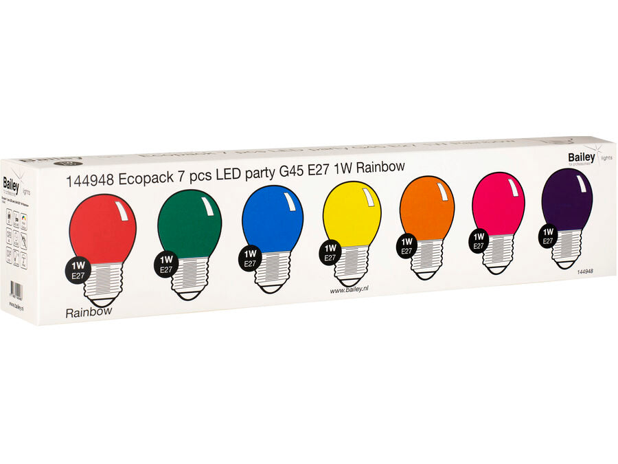 G45 LED kronepære sæt - 240V / 1W E27, ass. farver (7 stk.)