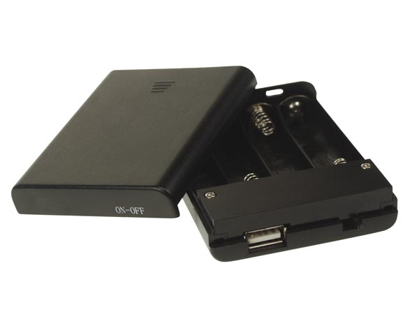 Batteriholder til 4xAA batteri, Lukket hus m. USB og kontakt