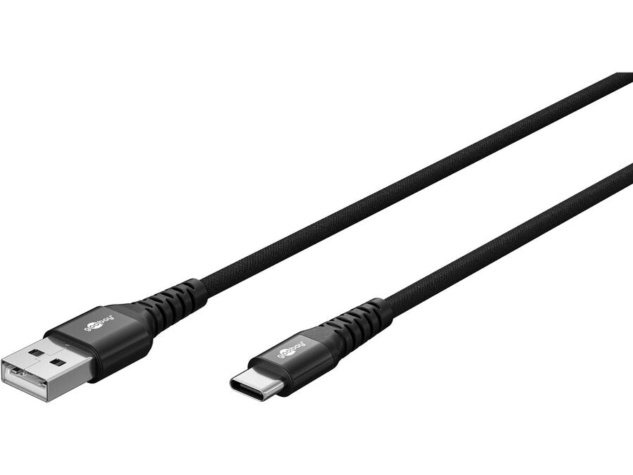 USB-A til USB-C Supersoft PD Tekstilkabel, 3A, Sort (2m)