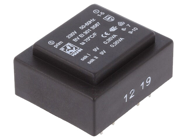 230V printtransformator - 0,7VA 2 x 9V / 2 x 39mA
