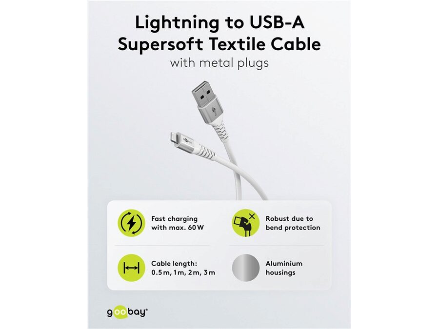 USB-A til Lightning Supersoft PD Tekstilkabel, 3A, Hvid (1m)