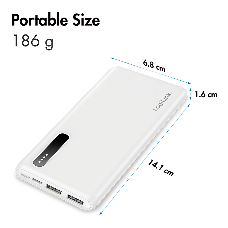 Powerbank m. LED indikator - 8000mAh, LiPo, 2xUSB-A, Hvid