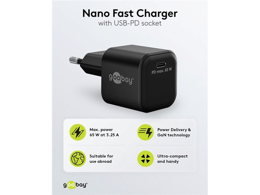 USB-C PD netadapter - 1xUSB-C (65W/3,25A), Sort