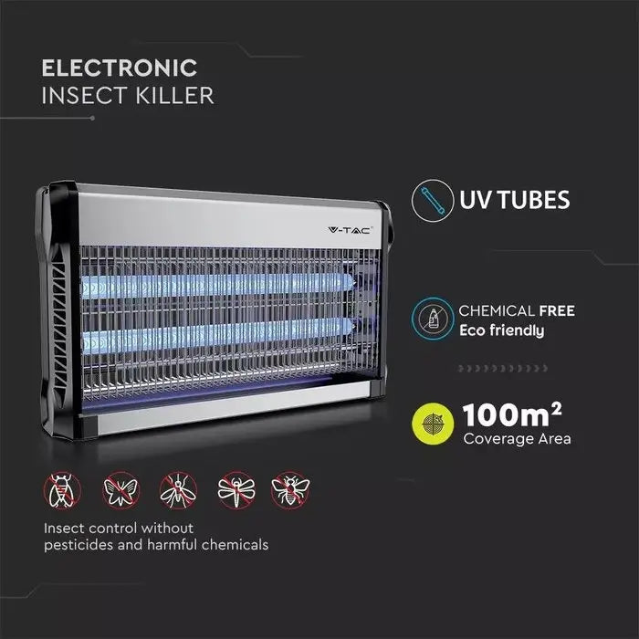 V-Tac insektlampe - 2x15W, indendørs, UV-lys, dækker 100m2