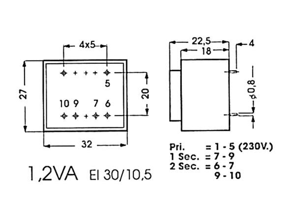 230V printtransformator - 1,2VA 1 x 12V / 100mA