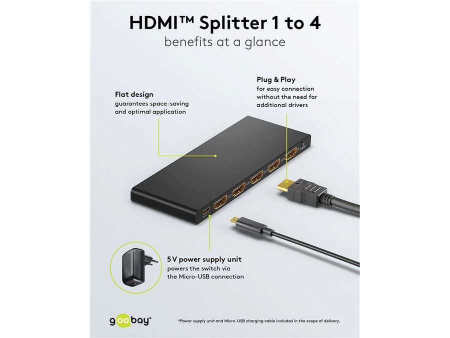 HDMI 2.0 splitter - 1 ind til 4 ud, 4K/60Hz, HDCP