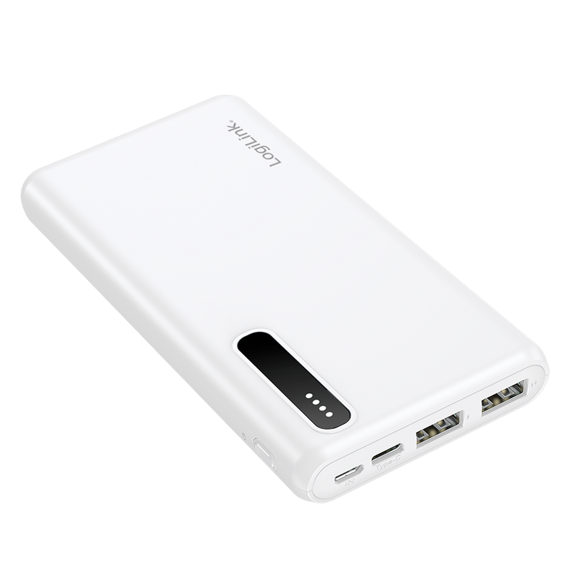 Powerbank m. LED indikator - 8000mAh, LiPo, 2xUSB-A, Hvid