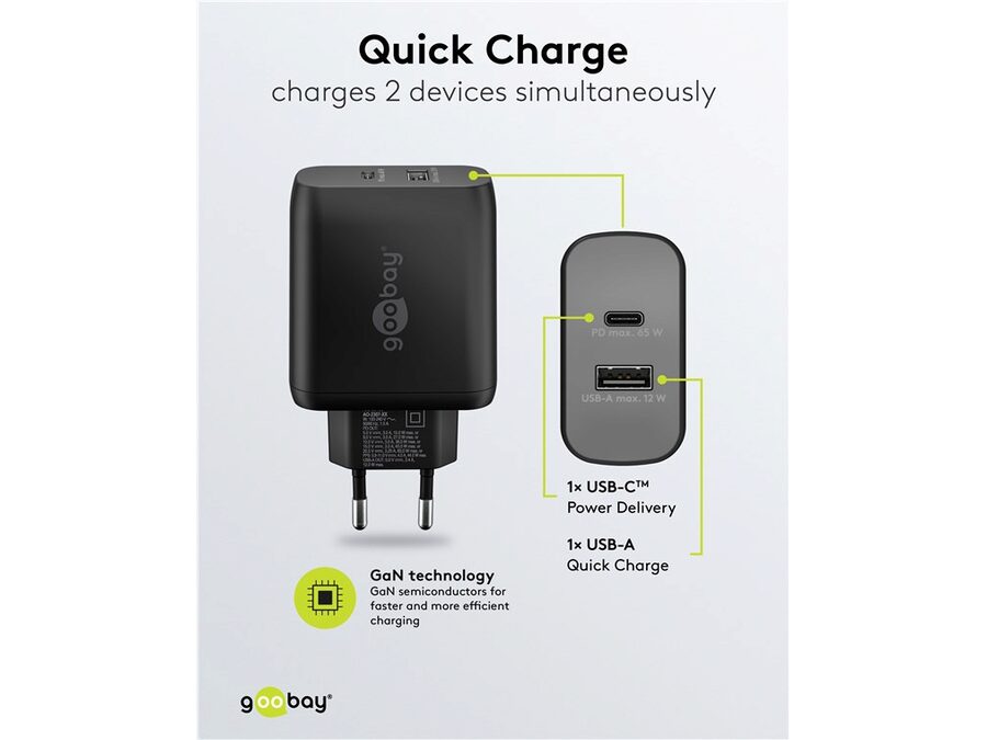 USB-C/A lynlader PD GaN (C65W) + (A12W), Sort