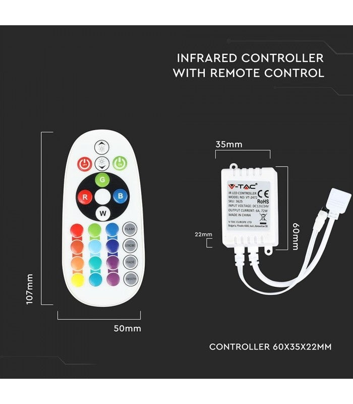 RGB kontroller med fjernbetjening - memory funktion, infrarød, 12V (72W), 24V (144W)