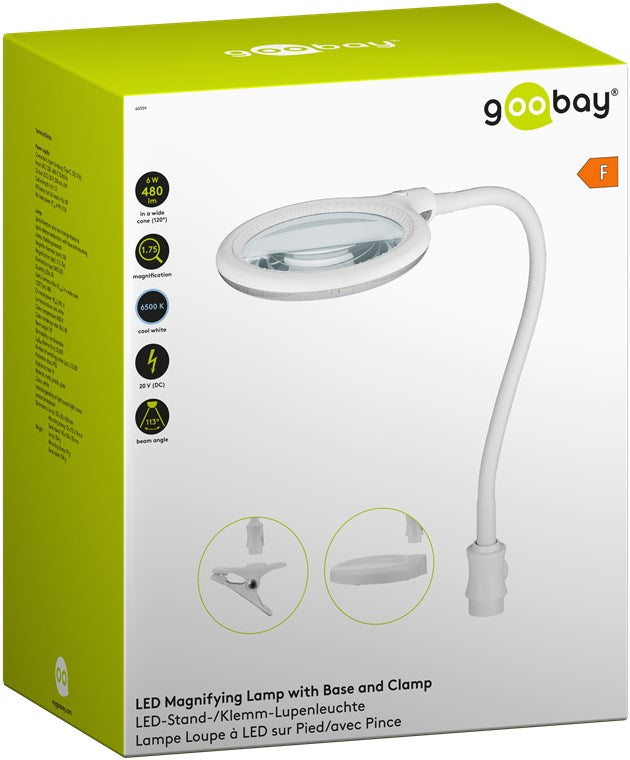 LED-luplampe m. clip-holder og bordfod - 5W, 3 dioptri, Hvid