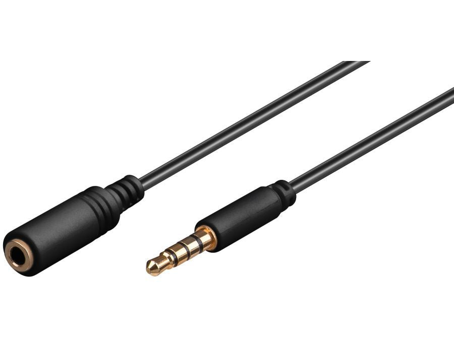 4pol audioforlængerkabel - 3,5mm JACK han/hun, Sort (1m)