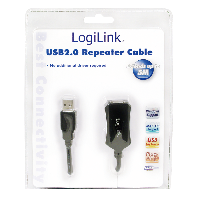 USB 2.0 forlænger repeaterkabel - A han til A hun, Sort (5m)