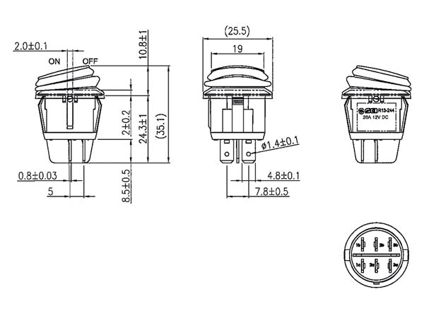 Vippekontakt - 2P OFF-ON (DPST) 20A/12Vdc Gul LED (IP65)