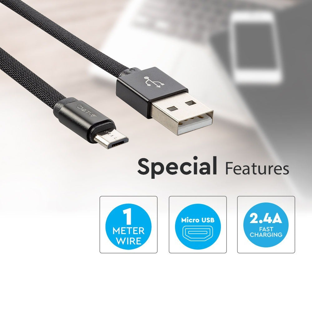 1M Micro USB Fletkabel i Sort Bomuldsstof - Ruby Serie